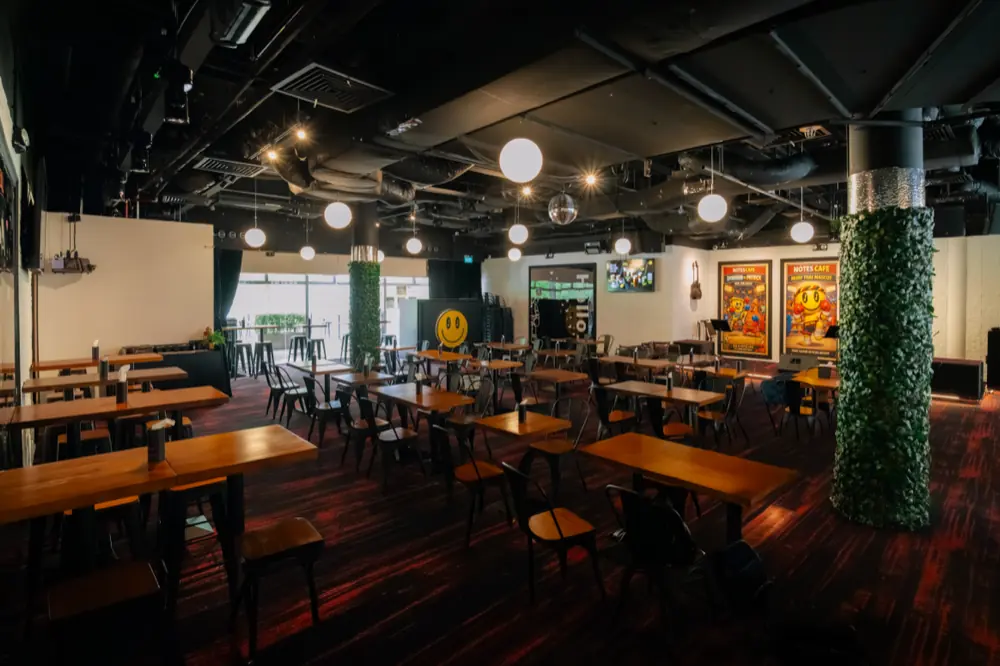Notes cafe interior in the evening